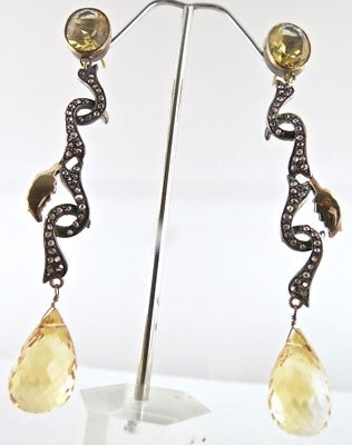 Certified Victorian Yellow Citrine 10ct Natural Diamond Sterling Silver Earrings