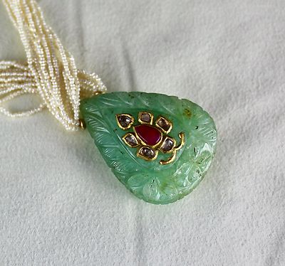 Certified Antique Natural Emerald 10ct Ruby Diamond Pearl 18k Gold Necklace