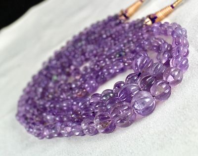 Natural Amethyst 569ct Carved Melon 3 Line Ladies Beads Necklace