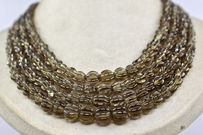 Natural Smoky Quartz Carved Beads Melon Necklace 762 Ct Antique Gemstone