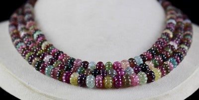 Certified Natural Vintage 737ct Multi Tourmaline Melon Engraved Beaded Necklace