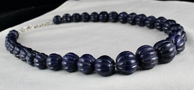 Natural Blue Jade 1001 Carats Carved Beads Sterling Silver Necklace