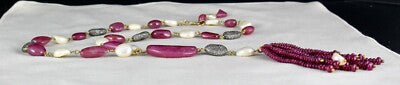 Certified Natural Ruby 555ct Pearl Natural Diamond Bead Necklace 18k Gold Set