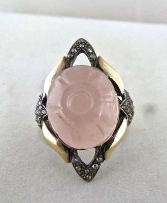 Antique Rose Quartz 62ct Natural Diamond Carved 18k Gold Sterling Silver Ring