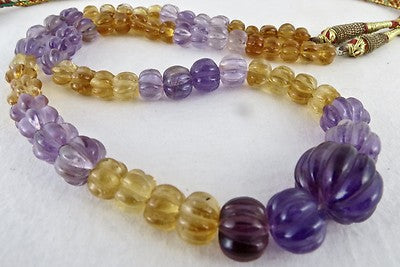 Natural Multi Amethyst 325 Ct Citrine Carved Melon Beads Gemstone Necklace
