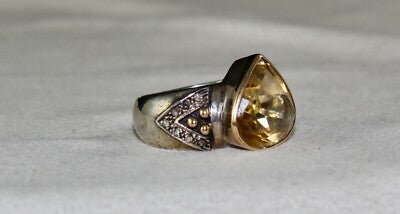 Vintage Natural Yellow Citrine 10ct Heart Cut Diamond 18k Silver Ring