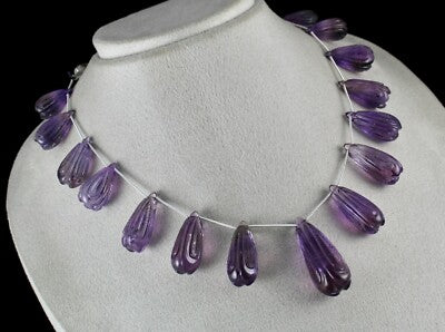 Certified Vintage Amethyst Carved Drops Beads 454ct Gemstone Necklace 15 Pcs