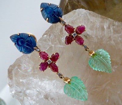 Certified Estate Natural Emerald 10ct Ruby Sapphire Carved Diamond 18k Earrings