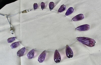 Certified Vintage Amethyst Carved Drops Beads 454ct Gemstone Necklace 15 Pcs