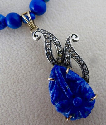 Blue Natural Lapis Lazuli 10ct Natural Diamond Victorian Sterling Silver Pendant