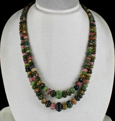 Certified Natural Multi Tourmaline 602 Ct Carved Beads Gemstone Necklace