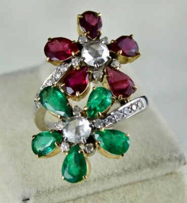 Certified Natural Emerald Rubellite Diamond 10ct 18k Gold Flower Cocktail Ring