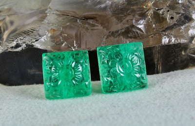 Certified Natural Emerald Mughal Engraved 15mm Square 28.70 Ct Earring