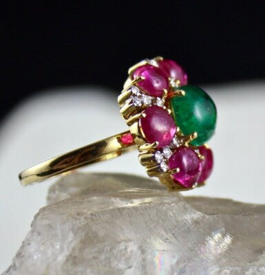 Certified Natural Emerald Burma Ruby Cabochon Diamond Gold Party Ring