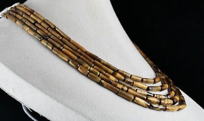 Natural Tiger's Eye 514ct Tube Fancy Beads 5 Line Fashion Gemstone Necklace