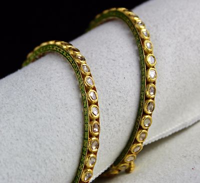 Natural Flat Diamond 40.31ct Studded 22k Gold Jadau Bangles Pair For Ladies