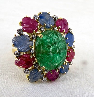 Certified Natural Emerald Ruby Sapphire 10ct Carved Diamond 18k Gold Ring