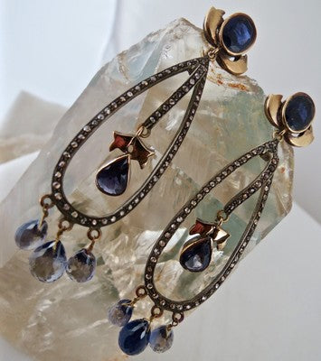 Certified Antique Natural Blue Iolite 10ct Sterling Silver & 18k Gold Earrings