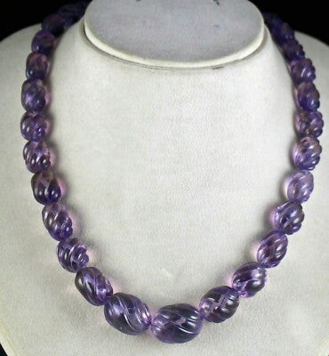 Natural Amethyst 552 Ct Beads Carved Sterling Silver Classic Necklace