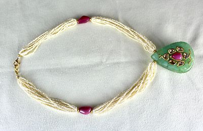Certified Antique Natural Emerald 10ct Ruby Diamond Pearl 18k Gold Necklace
