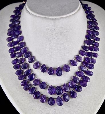 Amethyst Pear Drops Engraved Beaded Necklace 400 Ct Natural Gemstone String