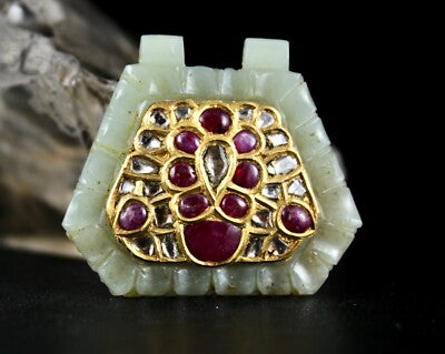 Antique Natural Nephrite Jade 140ct Diamond Rubies 22k Gold Two Side Pendant