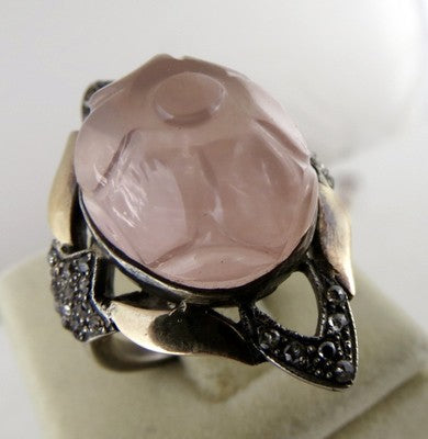 Antique Rose Quartz 62ct Natural Diamond Carved 18k Gold Sterling Silver Ring