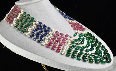 Certified Natural Ruby 976ct Blue Sapphire Emerald Pearl 18k Gold Necklace