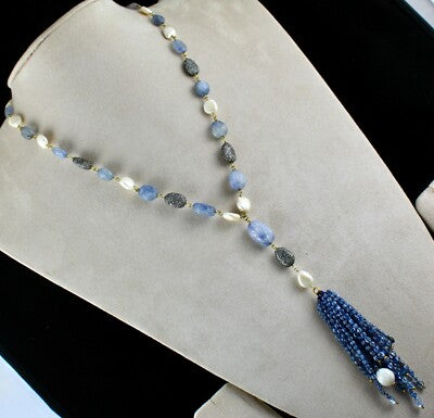 Certified Blue Sapphire 10ct Antique Pearl Natural Diamond Tassel Gold Necklace