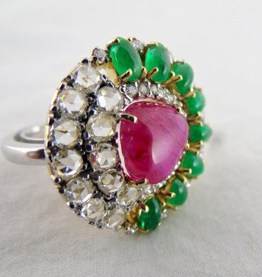 Certified Natural Burma Ruby 10ct Zambia Emerald Cabochon Diamond 18k Gold Ring