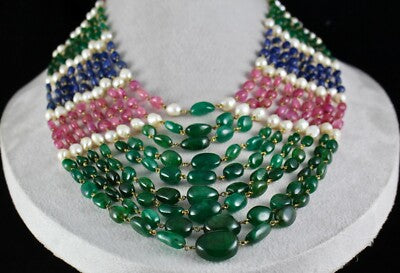 Certified Natural Ruby 976ct Blue Sapphire Emerald Pearl 18k Gold Necklace