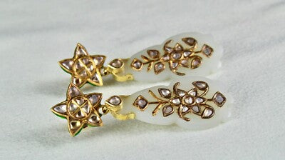 Certified Antique Nephrite Jade 90ct Natural Diamond 18k Gold Jadau Earrings