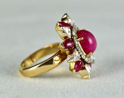 Certified Natural Ruby 62.85ct Cabochon Natural Diamond 18k Gold Cocktail Ring