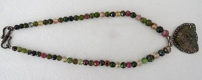 Multi Colour Tourmaline 10ct Natural Diamond Victorian Pendant Sterling Silver