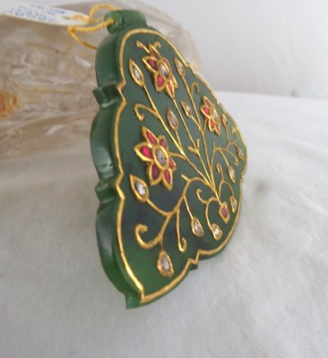 Certified Natural Green Jade 240ct Diamond Ruby 22k Gold Antique Pendant