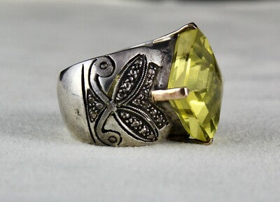 Natural Lemon Quartz 105ct Natural Diamond Sterling Silver Victorian Ring