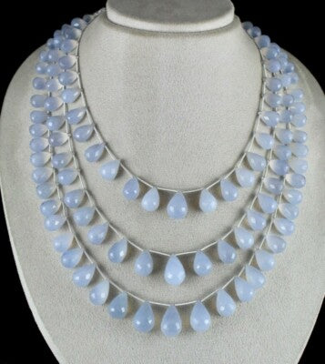 Certified Natural Blue Chalcedony 814ct Teardrop Beads Fine Necklace