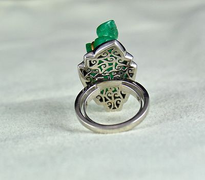 Certified Natural Emerald 10ct Leaf Carved Natural Diamond 18k Gold Antique Ring