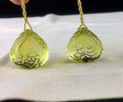 Natural Green Gold Lemon Quartz Carved Drops 153 Cts Earring Pendant Stone
