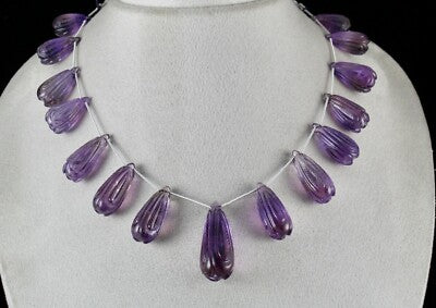 Certified Vintage Amethyst Carved Drops Beads 454ct Gemstone Necklace 15 Pcs