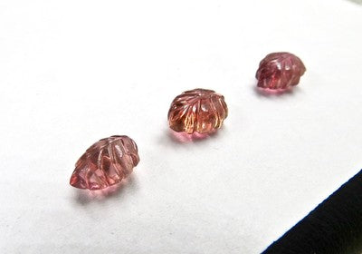 Natural Pink Tourmaline Carved Leaves 8.17 Ct Gemstone Set, Earring Pendant 3 Pc