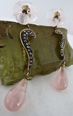 Natural Victorian Rose Quartz 77ct Diamond Flower Earrings 18k Gold 925 Silver