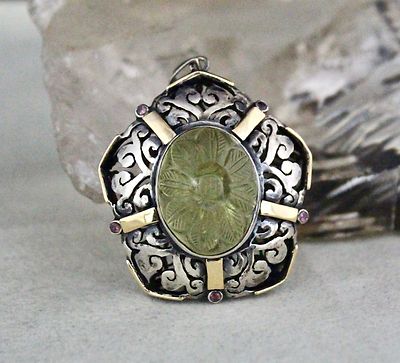 Natural Lemon Quartz 50ct Garnet Cut 18k Gold 925 Sterling Silver Carved Pendant