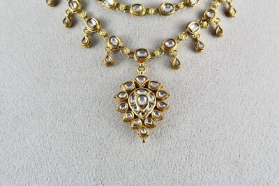 Certified Natural Diamond 22k Yellow Gold Jadau Antique Necklace Set 10ct