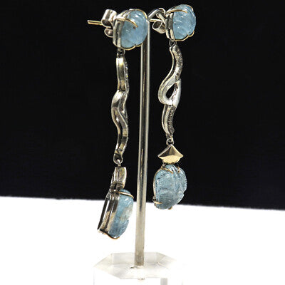 Natural Blue Aquamarine 81.55ct Carved Diamond 18k Gold 925 Silver Earrings