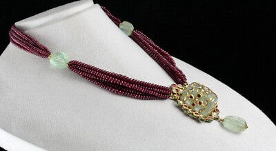 Certified Natural Emerald 10ct Ruby Beads 18k Gold Diamond Jadau Necklace