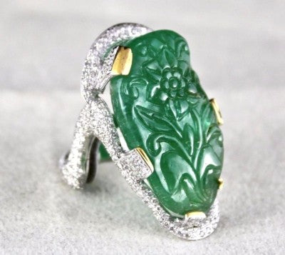 Certified Estate Zambian Emerald 10ct Carved Natural Diamond 18k Gold Ring