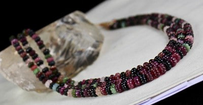 Certified Natural Multi Tourmaline 442ct Beads Melon Carved 3 Line Necklace