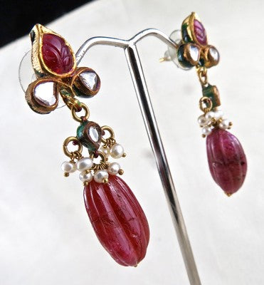 Certified Antique Natural Ruby 64.50 Ct 22k Gold Diamond Pearl Jadau Earrings
