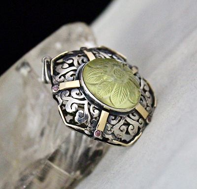 Natural Lemon Quartz 50ct Garnet Cut 18k Gold 925 Sterling Silver Carved Pendant